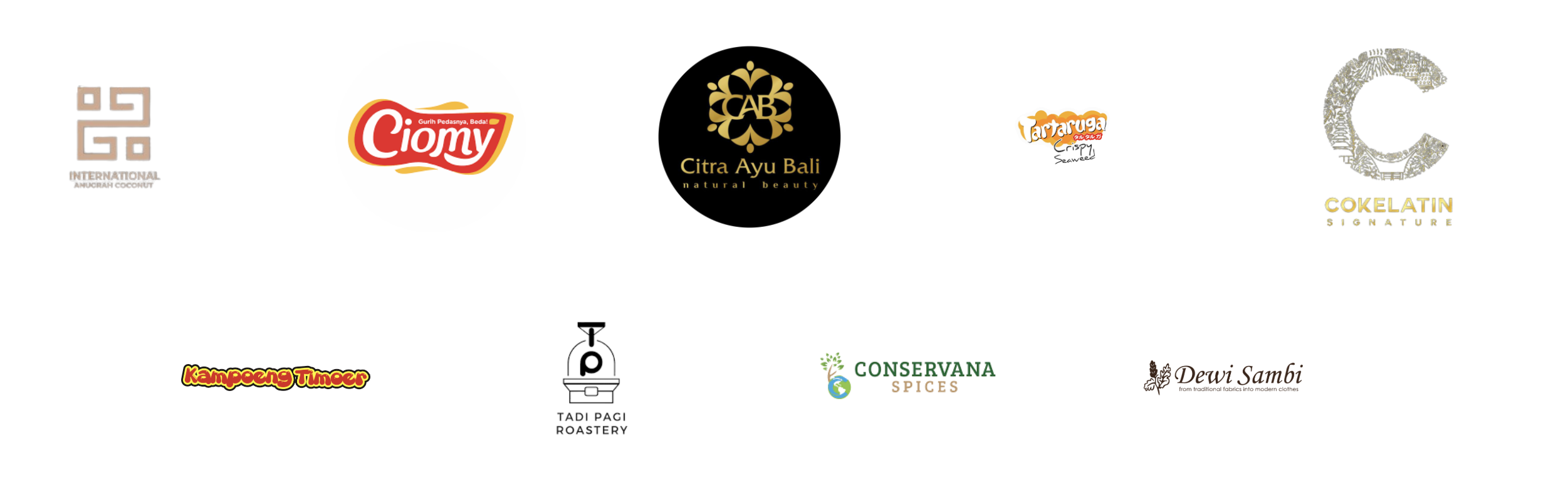 UMKM and SME brands handled by BisaTumbuh: International Anugrah Coconut, Ciomy, Citra Ayu Bali, Tartaruga Crispy Seaweed, Cokelatin Signature, Kampoeng Timoer, Tadi Pagi Roastery, Conservana Spices, Dewi Sambi